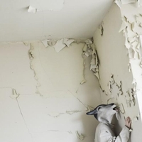 Person with the head of a goat licking a wall and peeling paint